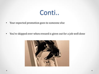 Conti..
• Your expected promotion goes to someone else
• You’re skipped over when reward is given out for a job well done
 