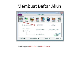 Membuat Daftar Akun
Silahkan pilih Accounts lalu Account List
 