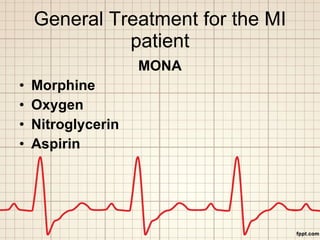 General Treatment for the MI patient <ul><li>MONA </li></ul><ul><li>Morphine </li></ul><ul><li>Oxygen </li></ul><ul><li>Ni...