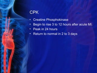 CPK
• Creatine Phosphokinase
• Begin to rise 3 to 12 hours after acute MI.
• Peak in 24 hours
• Return to normal in 2 to 3 days
 