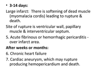 • 3-14 days:
Large infarct: There is softening of dead muscle
(myomalacia cordis) leading to rupture &
death.
Site of rupture is ventricular wall, papillary
muscle & interventricular septum.
5. Acute fibrinous or hemorrhagic pericarditis -
over infarct area.
After weeks or months:
6. Chronic heart failure
7. Cardiac aneurysm, which may rupture
producing hemopericardium and death.
 