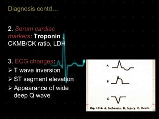 Diagnosis contd…
2. Serum cardiac
markers: Troponin ,
CKMB/CK ratio, LDH
3. ECG changes:
 T wave inversion
 ST segment elevation
 Appearance of wide
deep Q wave
 