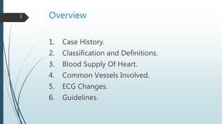 Overview
1. Case History.
2. Classification and Definitions.
3. Blood Supply Of Heart.
4. Common Vessels Involved.
5. ECG Changes.
6. Guidelines.
2
 