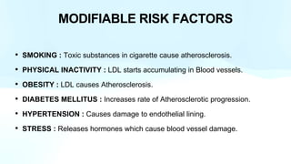 MODIFIABLE RISK FACTORS
• SMOKING : Toxic substances in cigarette cause atherosclerosis.
• PHYSICAL INACTIVITY : LDL starts accumulating in Blood vessels.
• OBESITY : LDL causes Atherosclerosis.
• DIABETES MELLITUS : Increases rate of Atherosclerotic progression.
• HYPERTENSION : Causes damage to endothelial lining.
• STRESS : Releases hormones which cause blood vessel damage.
 