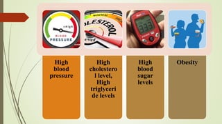 High
blood
pressure
High
cholestero
l level,
High
triglyceri
de levels
High
blood
sugar
levels
Obesity
 