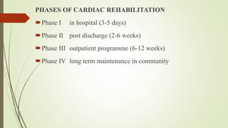 PHASES OF CARDIAC REHABILITATION
Phase I in hospital (3-5 days)
Phase II post discharge (2-6 weeks)
Phase III outpatient programme (6-12 weeks)
Phase IV long term maintenance in community
 
