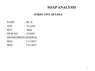 SOAPANALYSIS
SUBJECTIVE DETAILS
NAME : Mr. X
AGE : 52 years
SEX : Male
OP/IP NO : 214059
DEPARTMENT:GENERAL
DOA : 1/11/2017
DOD : 7/11/2017
3
 