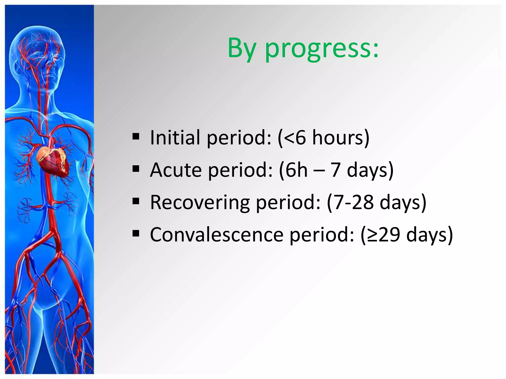 By progress:
 Initial period: (<6 hours)
 Acute period: (6h – 7 days)
 Recovering period: (7-28 days)
 Convalescence period: (≥29 days)
 