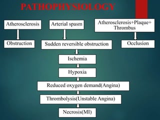 PATHOPHYSIOLOGY
Atherosclerosis Arterial spasm Atherosclerosis+Plaque+
Thrombus
Obstruction Sudden reversible obstruction Occlusion
Ischemia
Hypoxia
Reduced oxygen demand(Angina)
Thrombolysis(Unstable Angina)
Necrosis(MI)
 