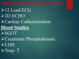 DIAGNOSTIC EVALUATION
12 Lead ECG
2D ECHO
Cardiac Catheterization
Blood Studies
SGOT
Creatinine Phosphokinase
LDH
Trop- T
 