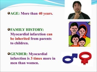 AGE: More than 40 years.
FAMILY HISTORY:
Myocardial infarction can
be inherited from parents
to children.
GENDER: Myocardial
infarction is 3 times more in
men than women.
 
