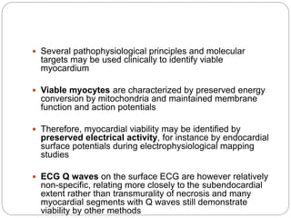  Several pathophysiological principles and molecular
targets may be used clinically to identify viable
myocardium
 Viable myocytes are characterized by preserved energy
conversion by mitochondria and maintained membrane
function and action potentials
 Therefore, myocardial viability may be identified by
preserved electrical activity, for instance by endocardial
surface potentials during electrophysiological mapping
studies
 ECG Q waves on the surface ECG are however relatively
non-specific, relating more closely to the subendocardial
extent rather than transmurality of necrosis and many
myocardial segments with Q waves still demonstrate
viability by other methods
 