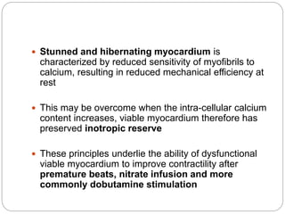  Stunned and hibernating myocardium is
characterized by reduced sensitivity of myofibrils to
calcium, resulting in reduced mechanical efficiency at
rest
 This may be overcome when the intra-cellular calcium
content increases, viable myocardium therefore has
preserved inotropic reserve
 These principles underlie the ability of dysfunctional
viable myocardium to improve contractility after
premature beats, nitrate infusion and more
commonly dobutamine stimulation
 