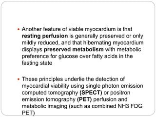  Another feature of viable myocardium is that
resting perfusion is generally preserved or only
mildly reduced, and that hibernating myocardium
displays preserved metabolism with metabolic
preference for glucose over fatty acids in the
fasting state
 These principles underlie the detection of
myocardial viability using single photon emission
computed tomography (SPECT) or positron
emission tomography (PET) perfusion and
metabolic imaging (such as combined NH3 FDG
PET)
 
