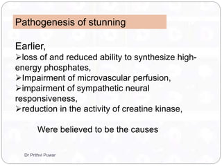 Pathogenesis of stunning
Earlier,
loss of and reduced ability to synthesize high-
energy phosphates,
Impairment of microvascular perfusion,
impairment of sympathetic neural
responsiveness,
reduction in the activity of creatine kinase,
Were believed to be the causes
Dr Prithvi Puwar
 