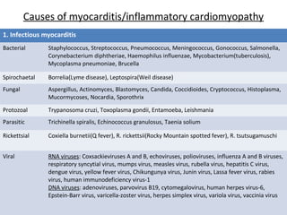 Causes of myocarditis/inflammatory cardiomyopathy
1. Infectious myocarditis
Bacterial Staphylococcus, Streptococcus, Pneumococcus, Meningococcus, Gonococcus, Salmonella,
Corynebacterium diphtheriae, Haemophilus influenzae, Mycobacterium(tuberculosis),
Mycoplasma pneumoniae, Brucella
Spirochaetal Borrelia(Lyme disease), Leptospira(Weil disease)
Fungal Aspergillus, Actinomyces, Blastomyces, Candida, Coccidioides, Cryptococcus, Histoplasma,
Mucormycoses, Nocardia, Sporothrix
Protozoal Trypanosoma cruzi, Toxoplasma gondii, Entamoeba, Leishmania
Parasitic Trichinella spiralis, Echinococcus granulosus, Taenia solium
Rickettsial Coxiella burnetii(Q fever), R. rickettsii(Rocky Mountain spotted fever), R. tsutsugamuschi
Viral RNA viruses: Coxsackieviruses A and B, echoviruses, polioviruses, influenza A and B viruses,
respiratory syncytial virus, mumps virus, measles virus, rubella virus, hepatitis C virus,
dengue virus, yellow fever virus, Chikungunya virus, Junin virus, Lassa fever virus, rabies
virus, human immunodeficiency virus-1
DNA viruses: adenoviruses, parvovirus B19, cytomegalovirus, human herpes virus-6,
Epstein-Barr virus, varicella-zoster virus, herpes simplex virus, variola virus, vaccinia virus
 