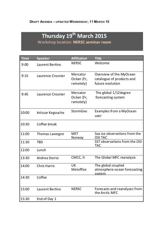 MyOcean training workshop agenda, 19-20 March 2015, Bergen 