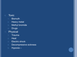 6. Toxic
1. Bismuth
2. Heavy metal
3. Methyl bromide
4. Drugs
7. Physical
1. Trauma
2. Heat
3. Electric shock
4. Decompressive sickness
5. Hypoxia –
 