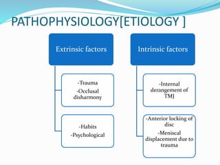 PATHOPHYSIOLOGY[ETIOLOGY ]
Extrinsic factors
-Trauma
-Occlusal
disharmony
-Habits
-Psychological
Intrinsic factors
-Internal
derangement of
TMJ
-Anterior locking of
disc
-Meniscal
displacement due to
trauma
 