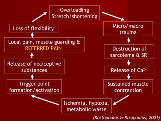 Overloading
Stretch/shortening
Micro/macro
trauma
Destruction of
sarcolema & SR
Release of Ca2+
Sustained muscle
contraction
Ischemia, hypoxia,
metabolic waste
Trigger point
formation/activation
Release of nociceptive
substances
Local pain, muscle guarding &
REFERRED PAIN
Loss of flexibility
(Kostopoulos & Rizopoulos, 2001)
 