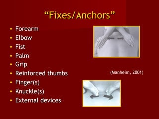 ““Fixes/Anchors”Fixes/Anchors”
• ForearmForearm
• ElbowElbow
• FistFist
• PalmPalm
• GripGrip
• Reinforced thumbsReinforced thumbs
• Finger(s)Finger(s)
• Knuckle(s)Knuckle(s)
• External devicesExternal devices
(Manheim, 2001)
 