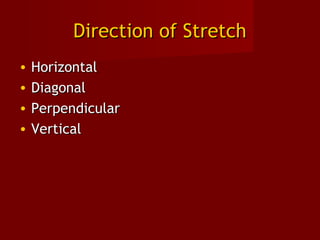 Direction of StretchDirection of Stretch
• HorizontalHorizontal
• DiagonalDiagonal
• PerpendicularPerpendicular
• VerticalVertical
 