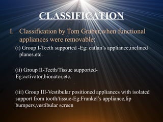 CLASSIFICATION
I. Classification by Tom Graber,when functional
appliances were removable:
(i) Group I-Teeth supported -Eg: catlan’s appliance,inclined
planes.etc.
(ii) Group II-Teeth/Tissue supported-
Eg:activator,bionator,etc.
(iii) Group III-Vestibular positioned appliances with isolated
support from tooth/tissue-Eg:Frankel’s appliance,lip
bumpers,vestibular screen
 
