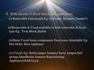 II. With advent of fixed functional appliances:
(i) Removable Functionals-Eg: Activator, Bionator, Frankel’s
(ii)Removable & Fixed-available in both removable & fixed
type-Eg: Twin Block,Herbst
(iii)Semi Fixed-Some components fixed,some detachable Eg:
Den Holtz, Bass Appliance
(iv) Fixed- Eg: Herbst,Jasper Jumper,Churro Jumper,Saif
springs,Mandibular Anterior Repositioning
Appliance(MARA),etc.
 