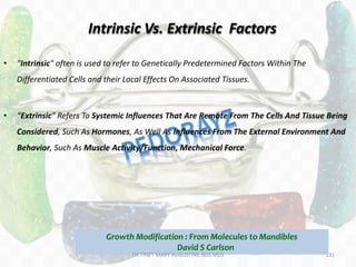 131
• "Intrinsic" often is used to refer to Genetically Predetermined Factors Within The
Differentiated Cells and their Local Effects On Associated Tissues.
• “Extrinsic” Refers To Systemic Influences That Are Remote From The Cells And Tissue Being
Considered, Such As Hormones, As Well As Influences From The External Environment And
Behavior, Such As Muscle Activity/Function, Mechanical Force.
Intrinsic Vs. Extrinsic Factors
Growth Modification : From Molecules to Mandibles
David S Carlson
DR.TINET MARY AUGUSTINE.BDS.MDS
 