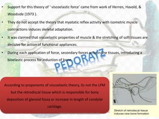 140
• Support for this theory of ‘ viscoelastic force’ came from work of Herren, Havold, &
Woodside (1973 ).
• They do not accept the theory that myotatic reflex activity with isometric muscle
contractions induces skeletal adaptation.
• It was claimed that viscoelastic properties of muscle & the stretching of soft tissues are
decisive for action of functional appliances.
• During each application of force, secondary forces arise in the tissues, introducing a
bioelastic process for induction of bone.
According to proponents of viscoelastic theory, its not the LPM
but the retrodiscal tissue which is responsible for bony
deposition of glenoid fossa or increase in length of condylar
cartilage.
DR.TINET MARY AUGUSTINE.BDS.MDS
 