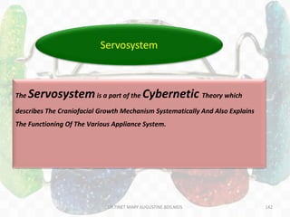 142
The Servosystemis a part of the Cybernetic Theory which
describes The Craniofacial Growth Mechanism Systematically And Also Explains
The Functioning Of The Various Appliance System.
Servosystem
DR.TINET MARY AUGUSTINE.BDS.MDS
 