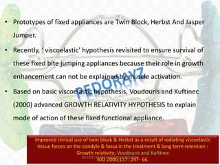 151
• Prototypes of fixed appliances are Twin Block, Herbst And Jasper
Jumper.
• Recently, ‘ viscoelastic’ hypothesis revisited to ensure survival of
these fixed bite jumping appliances because their role in growth
enhancement can not be explained by muscle activation.
• Based on basic viscoelastic hypothesis, Voudouris and Kuftinec
(2000) advanced GROWTH RELATIVITY HYPOTHESIS to explain
mode of action of these fixed functional appliance.
Improved clinical use of twin block & Herbst as a result of radiating viscoelastic
tissue forces on the condyle & fossa in the treatment & long term retention :
Growth relativity; Voudouris and Kuftinec
AJO 2000;117: 247- 66.DR.TINET MARY AUGUSTINE.BDS.MDS
 