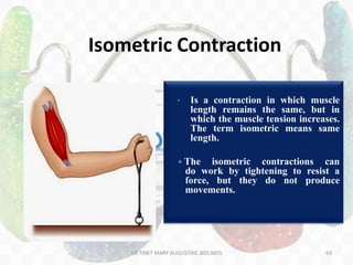 69
• Is a contraction in which muscle
length remains the same, but in
which the muscle tension increases.
The term isometric means same
length.
 The isometric contractions can
do work by tightening to resist a
force, but they do not produce
movements.
DR.TINET MARY AUGUSTINE.BDS.MDS
Isometric Contraction
 