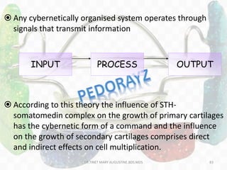  Any cybernetically organised system operates through
signals that transmit information
 According to this theory the influence of STH-
somatomedin complex on the growth of primary cartilages
has the cybernetic form of a command and the influence
on the growth of secondary cartilages comprises direct
and indirect effects on cell multiplication.
83
INPUT PROCESS OUTPUT
DR.TINET MARY AUGUSTINE.BDS.MDS
 