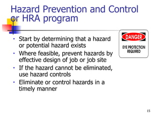 Hazard Prevention and Control or HRA program Start by determining that a hazard or potential hazard exists Where feasible, prevent hazards by effective design of job or job site  If the hazard cannot be eliminated, use hazard controls Eliminate or control hazards in a timely manner    