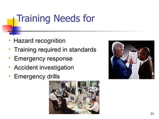 Training Needs for Hazard recognition Training required in standards Emergency response Accident investigation Emergency drills 