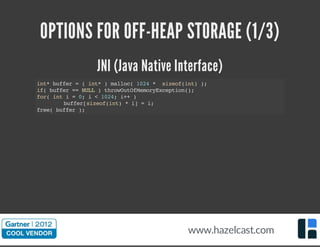OPTIONS FOR OFF-HEAP STORAGE (1/3)
JNI (Java Native Interface)
int*buffer=(int*)malloc(1024* sizeof(int));
if(buffer==NULL)throwOutOfMemoryException();
for(inti=0;i<1024;i++)
buffer[sizeof(int)*i]=i;
free(buffer);
www.hazelcast.com
 
