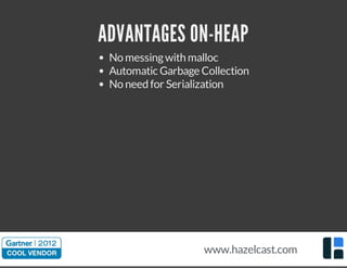 ADVANTAGES ON-HEAP
No messingwith malloc
Automatic Garbage Collection
No need for Serialization
www.hazelcast.com
 
