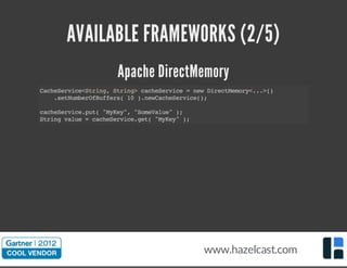 AVAILABLE FRAMEWORKS (2/5)
Apache DirectMemory
CacheService<String,String>cacheService=newDirectMemory<...>()
.setNumberOfBuffers(10).newCacheService();
cacheService.put("MyKey","SomeValue");
Stringvalue=cacheService.get("MyKey");
www.hazelcast.com
 