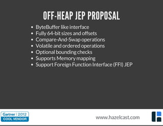 OFF-HEAP JEP PROPOSAL
ByteBuffer like interface
Fully64-bitsizes and offsets
Compare-And-Swap operations
Volatile and ordered operations
Optionalboundingchecks
Supports Memorymapping
SupportForeign Function Interface (FFI) JEP
www.hazelcast.com
 