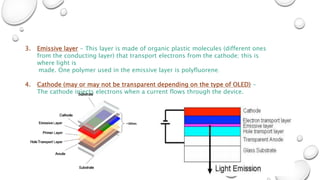 3. Emissive layer - This layer is made of organic plastic molecules (different ones
from the conducting layer) that transport electrons from the cathode; this is
where light is
made. One polymer used in the emissive layer is polyfluorene.
4. Cathode (may or may not be transparent depending on the type of OLED) -
The cathode injects electrons when a current flows through the device.
 