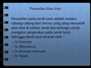 Persarafan Knee Joint 
Persarafan pada sendi lutut adalah melalui 
cabang-cabang dari nervus yang yang mensarafi 
otot-otot di sekitar sendi dan befungsi untuk 
mengatur pergerakan pada sendi lutut. 
Sehingga sendi lutut disarafi oleh : 
– N. Femoralis 
– N. Obturatorius 
– N. Peroneus communis 
– N. Tibialis 
 