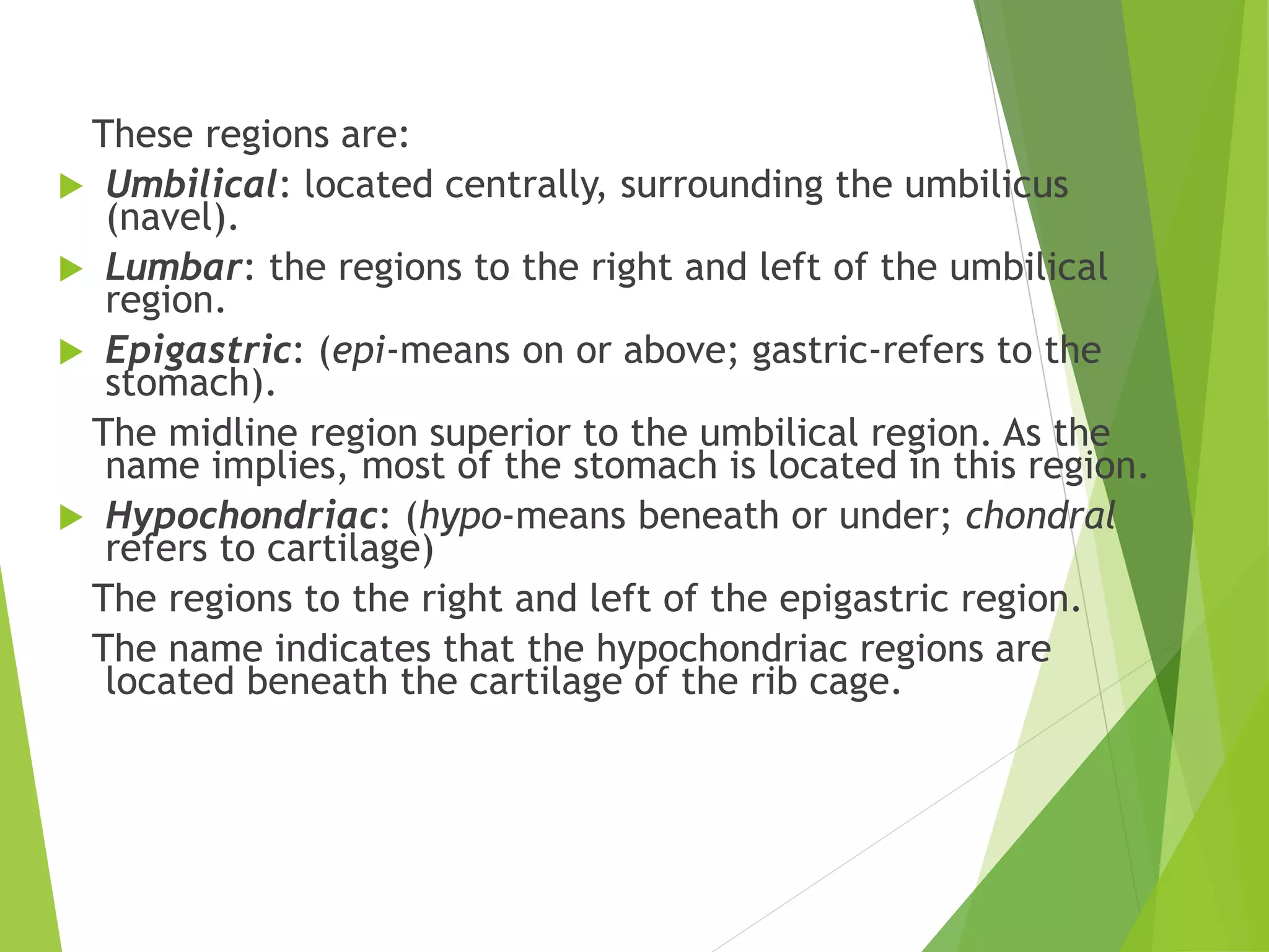 These regions are:
 Umbilical: located centrally, surrounding the umbilicus
(navel).
 Lumbar: the regions to the right and left of the umbilical
region.
 Epigastric: (epi-means on or above; gastric-refers to the
stomach).
The midline region superior to the umbilical region. As the
name implies, most of the stomach is located in this region.
 Hypochondriac: (hypo-means beneath or under; chondral
refers to cartilage)
The regions to the right and left of the epigastric region.
The name indicates that the hypochondriac regions are
located beneath the cartilage of the rib cage.
 