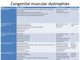 Congenital muscular dystrophies
Disease Clinical Features Laboratory Features Locus or Gene
Merosin deficiency Onset at birth with hypotonia, joint contractures, delayed milestones, generalized
muscle weakness
Cerebral hypomyelination, less often cortical dysplasia
Normal intelligence usually, some with MR (~6%) and seizures (~8%)
Partial deficiency leads to milder phenotype (LGMD picture)
Serum CK 5–35 x normal
EMG myopathic
NCS abnormal in some cases
Laminin 2 chain
Fukitin-related protein
deficiencyb
Onset at birth or shortly after
Hypotonia and feeding problems
Weakness of proximal muscles, especially shoulder girdles
Hypertrophy of leg muscles
Joint contractures
Cognition normal
Serum CK 10–50 x normal
EMG myopathic
NCS normal
Fukutin-related
protein
Fukuyama congenital muscular
dystrophyb
Onset at birth
Hypotonia, joint contractures
Generalized muscle weakness
Hypertrophy of calf muscles
Seizures, mental retardation
Cardiomyopathy
Serum CK 10–50 x normal
EMG myopathic
NCS normal
MRI shows hydrocephalus and
periventricular and frontal
hypomyelination
Fukutin
Muscle-eye-brain disease Onset at birth, hypotonia
Eye abnormalities include: progressive myopia, cataracts, and optic nerve, glaucoma,
retinal pigmentary changes
Progressive muscle weakness
Joint contractures
Seizures, mental retardation
Serum CK 5–20 x normal
MRI shows hydrocephalus,
cobblestone lissencephaly,
corpus callosum and cerebellar
hypoplasia, cerebral
hypomyelination
N-acetyl-
glucosaminyl
transferase
(POMGnT1)
Walker-Warburg syndromeb Onset at birth, hypotonia
Generalized muscle weakness
Joint contractures
Microphthalmos, retinal dysplasia, buphthalmos, glaucoma, cataracts
Seizures, MR
Serum CK 5–20 x normal
MRI shows cobblestone
lissencephaly, hydrocephalus,
encephalocele, absent corpus
callosum
O-mannoxyl-
transferase-
1(POMT1)
 