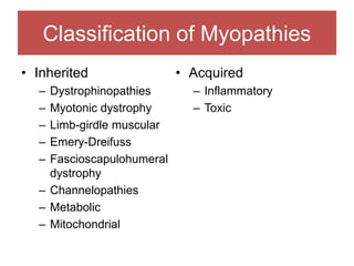 Classification of Myopathies
• Inherited
– Dystrophinopathies
– Myotonic dystrophy
– Limb-girdle muscular
– Emery-Dreifuss
– Fascioscapulohumeral
dystrophy
– Channelopathies
– Metabolic
– Mitochondrial
• Acquired
– Inflammatory
– Toxic
 