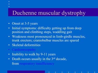 Duchenne muscular dystrophy
• Onset at 3-5 years
• Initial symptoms: difficulty getting up from deep
position and climbing steps, waddling gait
• Weakness most pronounced in limb-girdle muscles,
trunk erectors; craniobulbar muscles are spared
• Skeletal deformities
• Cardiomyopathy
• Inability to walk by 9-11 years
• Death occurs usually in the 3rd decade,
from respiratory insufficiency
 