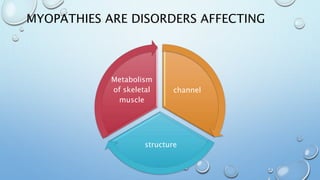 MYOPATHIES ARE DISORDERS AFFECTING
channel
structure
Metabolism
of skeletal
muscle
 