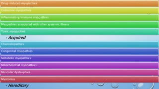 Drug-induced myopathies
Endocrine myopathies
Inflammatory/immune myopathies
Myopathies associated with other systemic illness
Toxic myopathies
•Acquired
Channelopathies
Congenital myopathies
Metabolic myopathies
Mitochondrial myopathies
Muscular dystrophies
Myotonias
•Hereditary
 