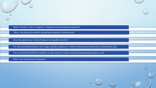 Which ‘‘positive’’ and/or ‘‘negative’’ symptoms does the patient experience?
What is the temporal evolution (presentation,episodic,constant,acute)
Does the patient have a family history of a myopathic disorder?
Are there precipitating factors that trigger episodic weakness or stiffness (drugs,exercise,fever,high carbohydrate,cold)
Are any associated systemic symptoms or signs present (cardiac,respiratory,hepatomegaly,cataract,rash)
What is the distribution of weakness?
 