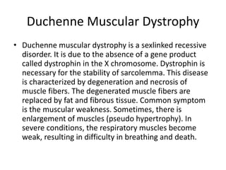 Duchenne Muscular Dystrophy
• Duchenne muscular dystrophy is a sexlinked recessive
disorder. It is due to the absence of a gene product
called dystrophin in the X chromosome. Dystrophin is
necessary for the stability of sarcolemma. This disease
is characterized by degeneration and necrosis of
muscle fibers. The degenerated muscle fibers are
replaced by fat and fibrous tissue. Common symptom
is the muscular weakness. Sometimes, there is
enlargement of muscles (pseudo hypertrophy). In
severe conditions, the respiratory muscles become
weak, resulting in difficulty in breathing and death.
 